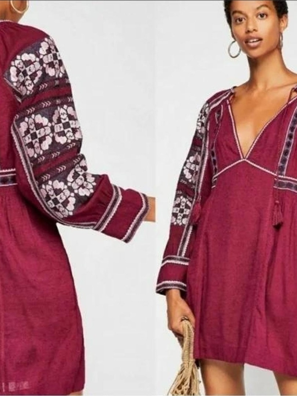 Free People Berry Embroidered V-Neck Mini Dress
